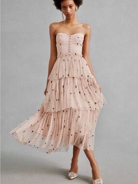 Anthro Maeve Nude Tulle Dress M Tiered Corset Poker Vegas Wedding
